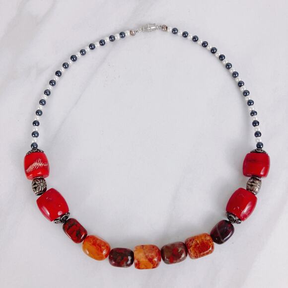 Fire Agate, Red Bamboo Coral Beaded Necklace Boho Tribal Semi-Precious Gemstones - Picture 4 of 11